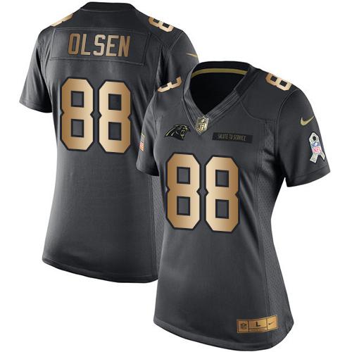 Nike Panthers #88 Greg Olsen Black Women's Stitched NFL Limited Gold Salute to Service Jersey - Click Image to Close